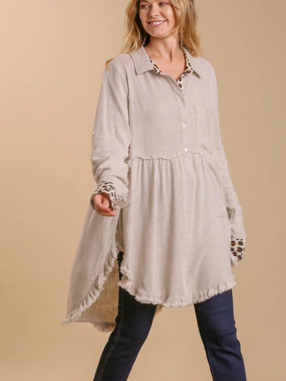 Umgee Oatmeal Leopard Tunic Top Slouchy Relaxed Fringe M Boho Hippie Linen Blend